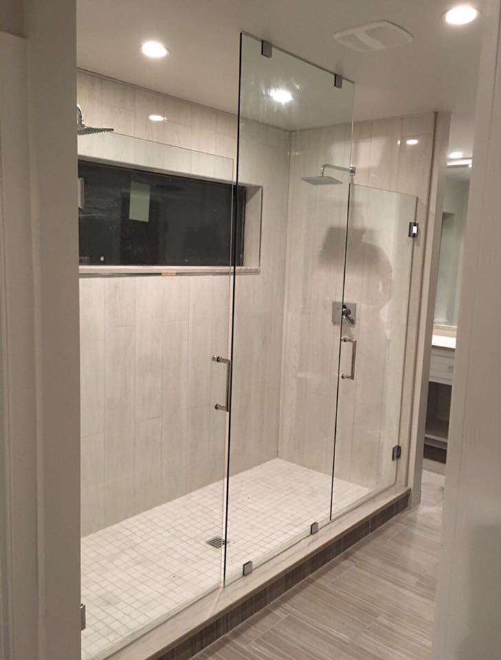 gallery Two Doors with FH Panel in Center Mitered handles - Shower Doors of Charlotte
