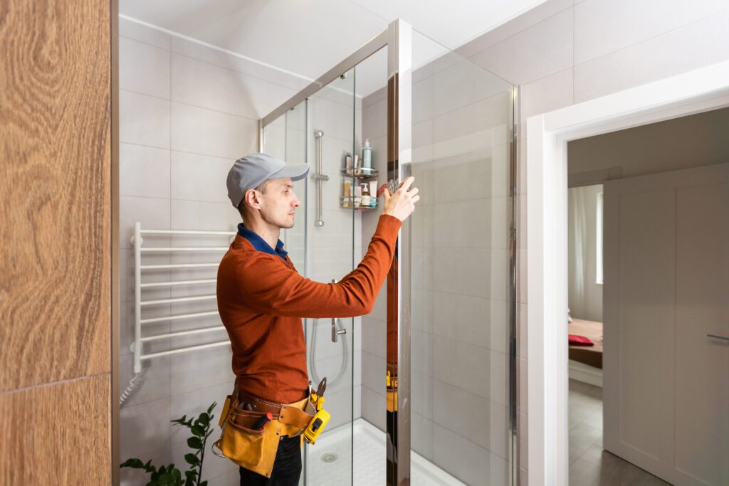 professional handyman working in shower booth indo 2023 04 22 03 45 51 utc scaled - Shower Doors of Charlotte